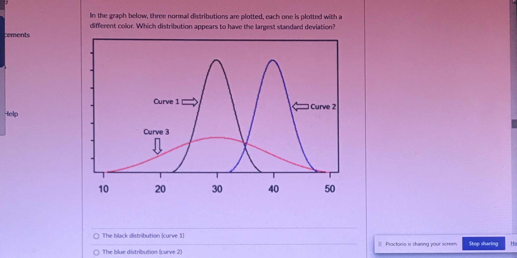 In the graph below, three normal distributions are plotted, each one