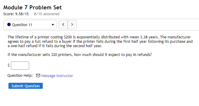 of a printer costing 5200 is exponentially distributed with mean 3.38 years.