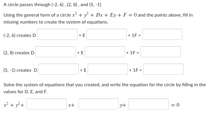 points above, fill in missing numbers to create the system of equations.
