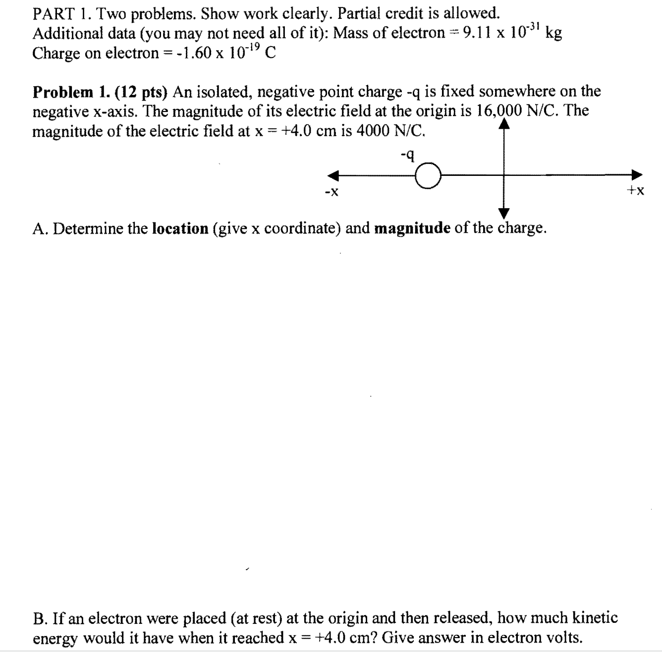 1a)An isolated, negative point charge -q is fixed somewhere on the negative
