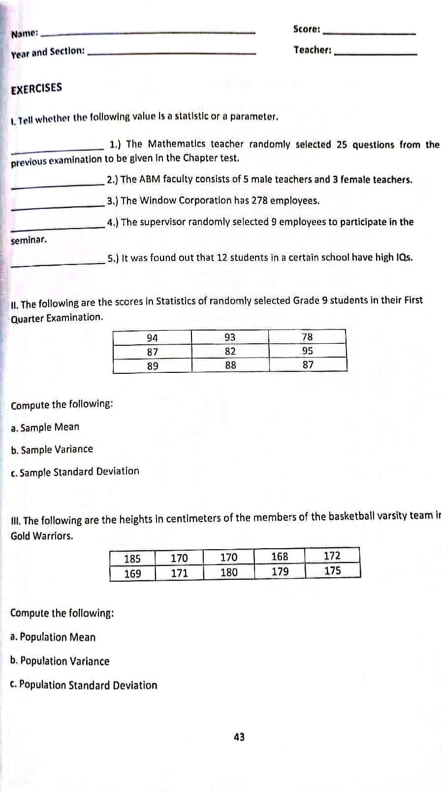 the Chapter test. 2.) The ABM faculty consists of 5 male teachers