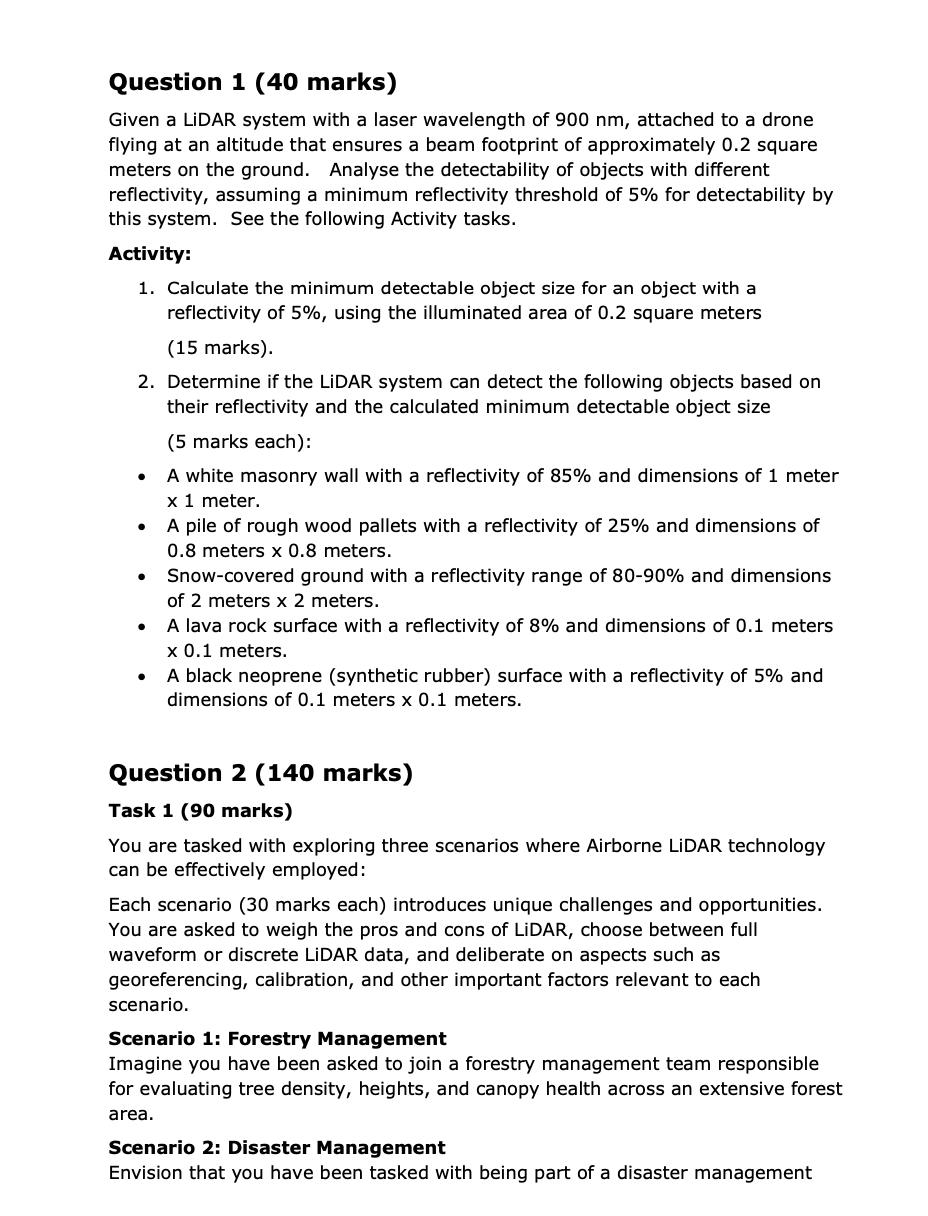  Question 1 (40 marks) Given a LiDAR system with a laser