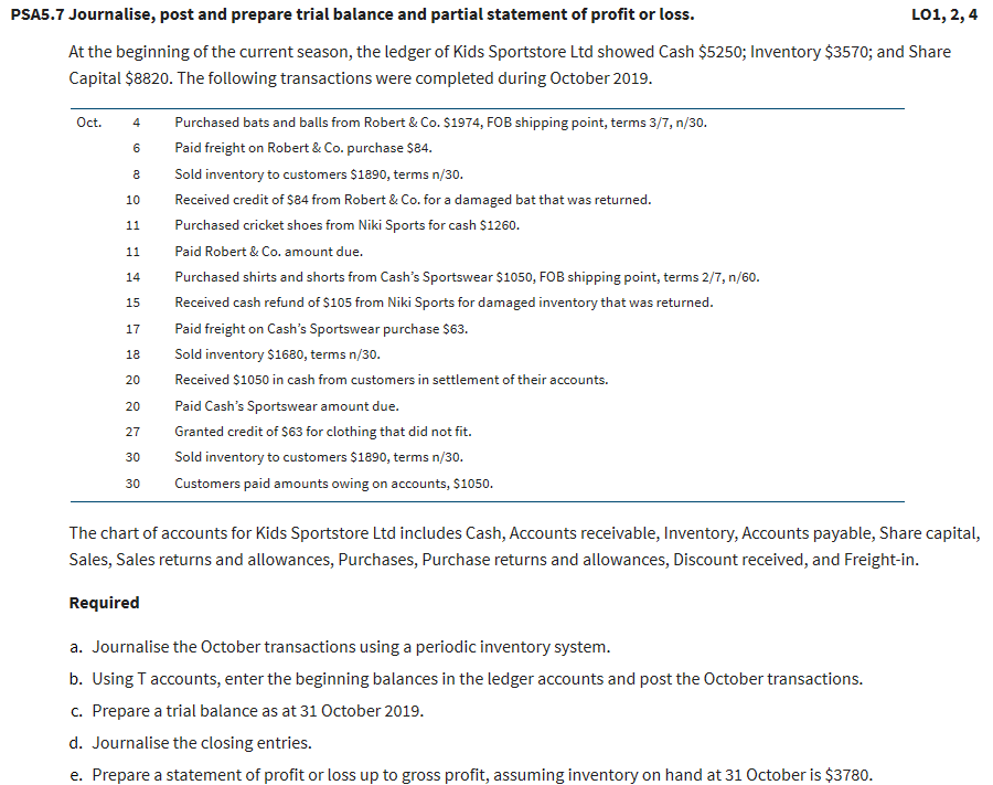PSA5.7 Journalise, post and prepare trial balance and partial statement of