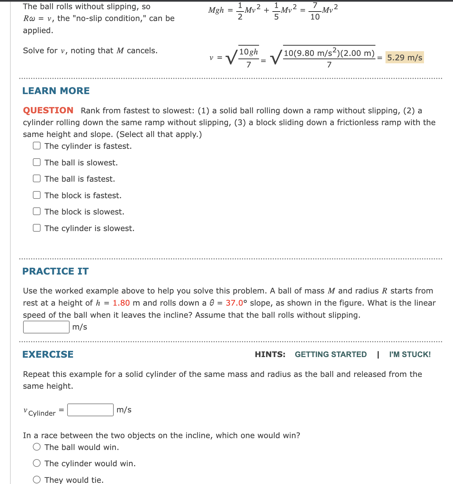 ball of mass M and radius R starts from rest at a