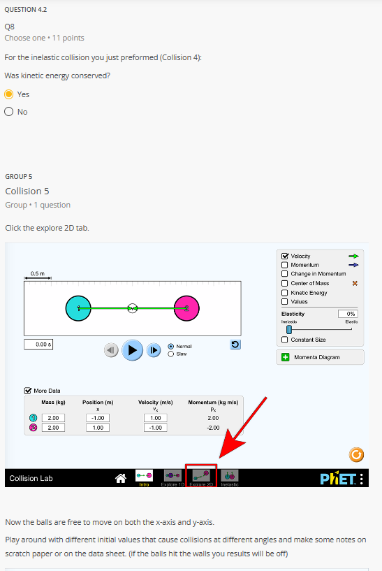 the "before" columns of data sheet collision 2 . Click "Play" to