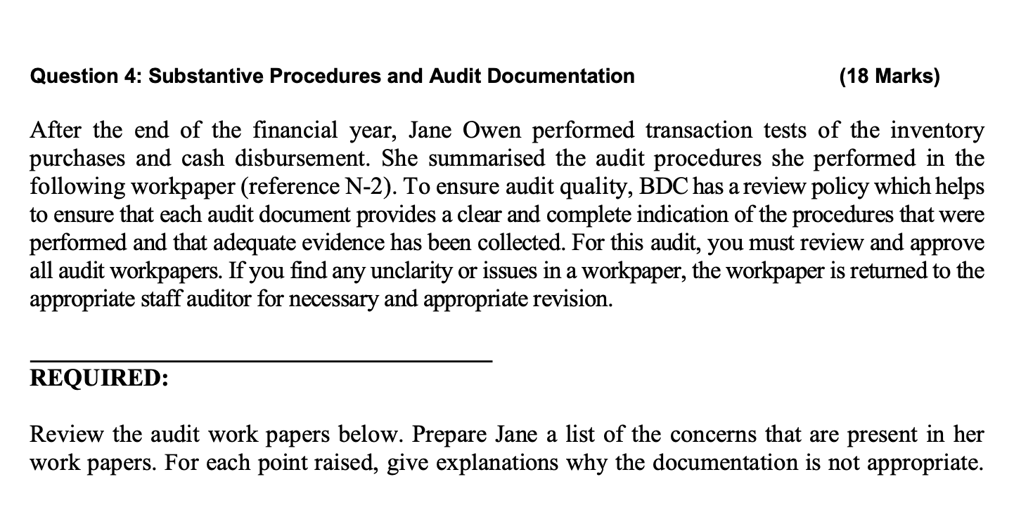 inventory purchases and cash disbursement. She summarised the audit procedures she performed