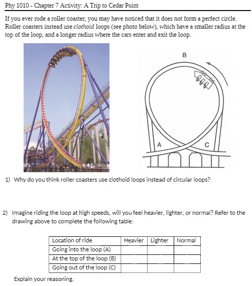  Phy 1010 - Chapter 7 Activity: A Trip to Cedar Point