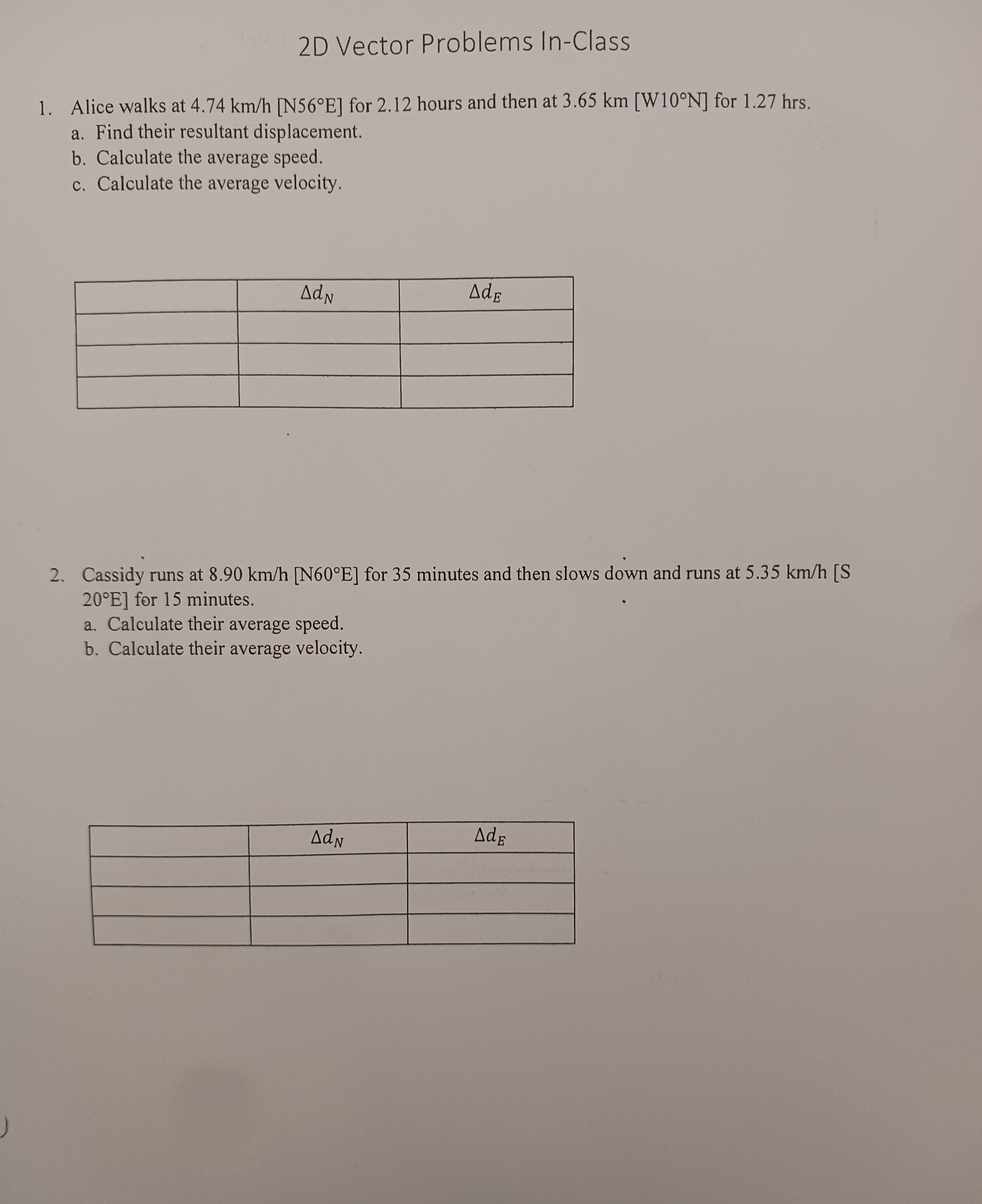  2D Vector Problems In-Class 1. Alice walks at 4.74 km/h [N56.E]