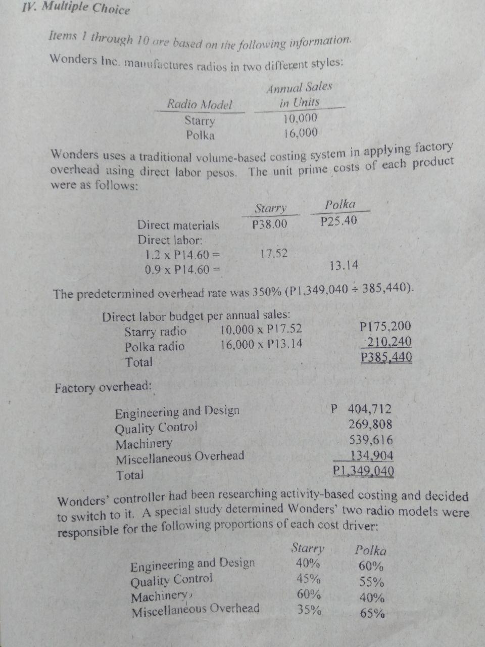 Annual Sales Radio Model in Units Starry 10,000 Polka 16,000 Wonders uses