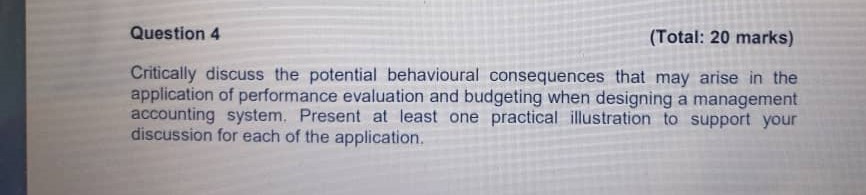  Question 4 (Total: 20 marks) Critically discuss the potential behavioural consequences