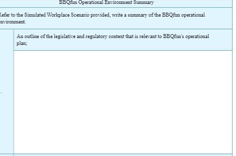  BBQfun Operational Environment Summary Lefer to the Simulated Workplace Scenario provided,