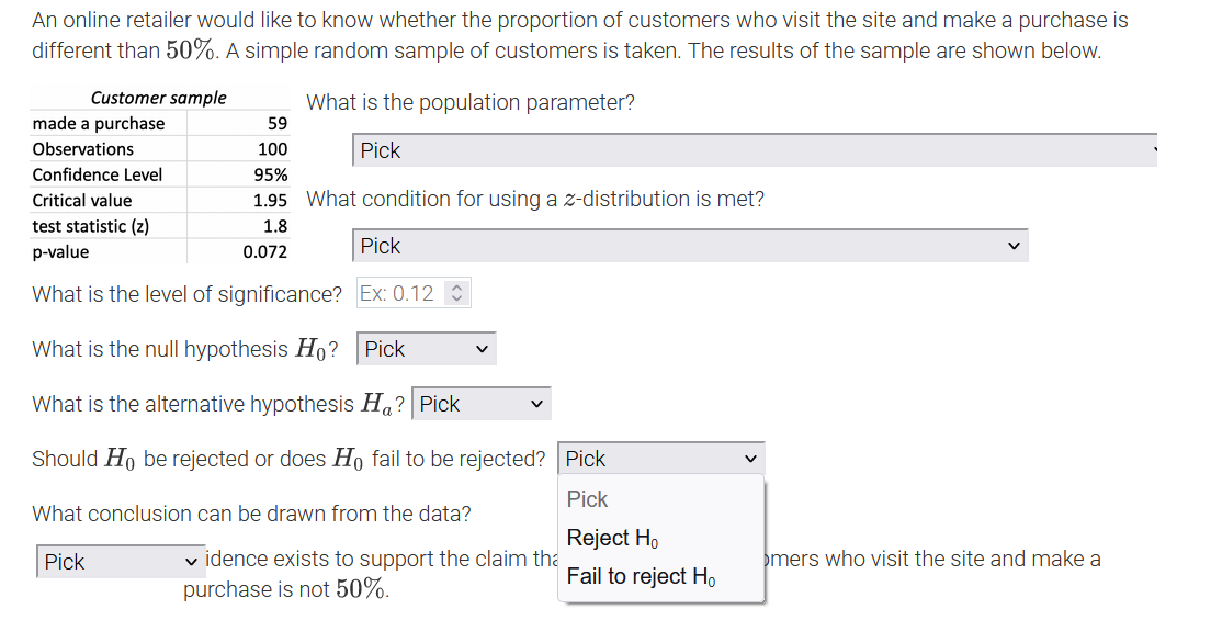 1.95 What Pick test statistic (z) 1.8 The number of customers in