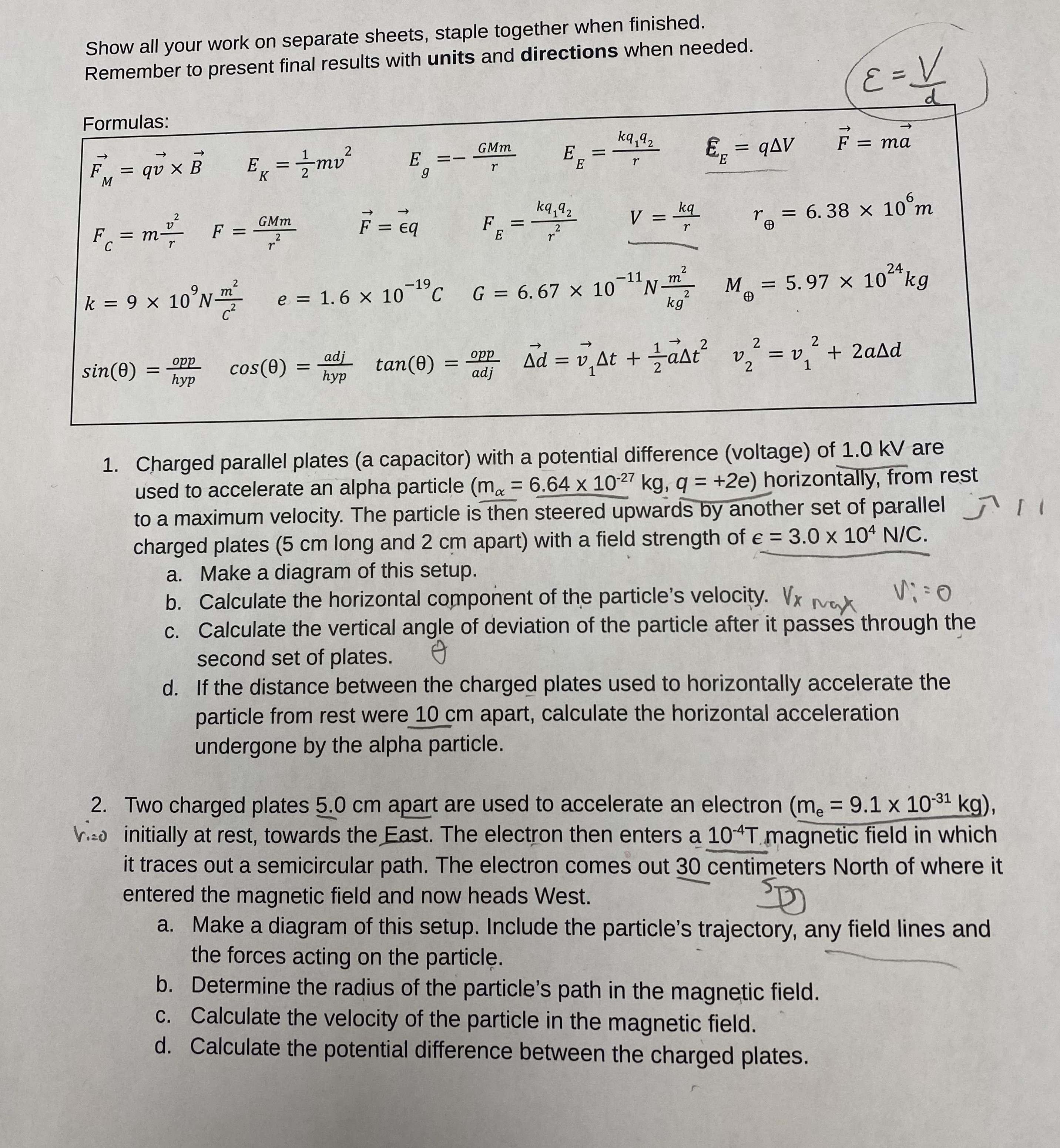 SPH4U grade 12 physics Fields Unit, answer question 1. abcc & 2.