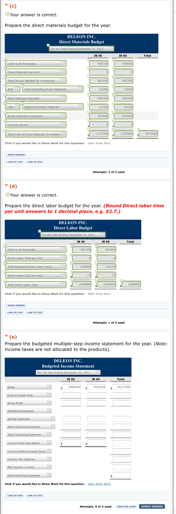 Problem 21-2A (Part Level Submission) Deleon Inc. is preparing its annual