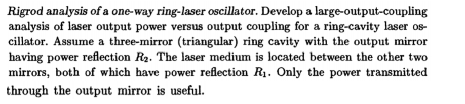 Rigrod analysis of a one-way ring-laser oscillator. Develop a large-output-coupling analysis
