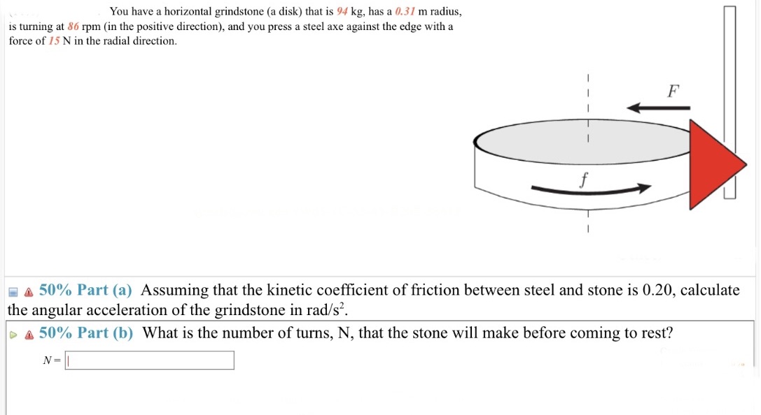  You have a horizontal grindstone (a disk) that is 94 kg,