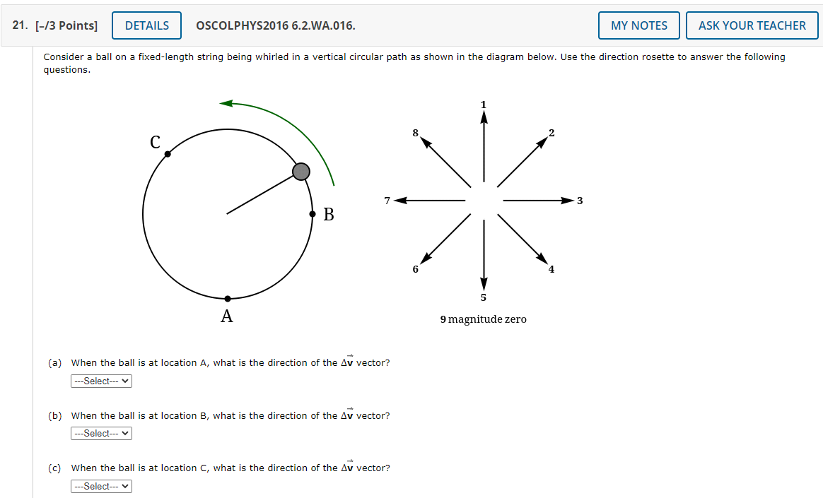 When the ball is at location B, what is the direction of