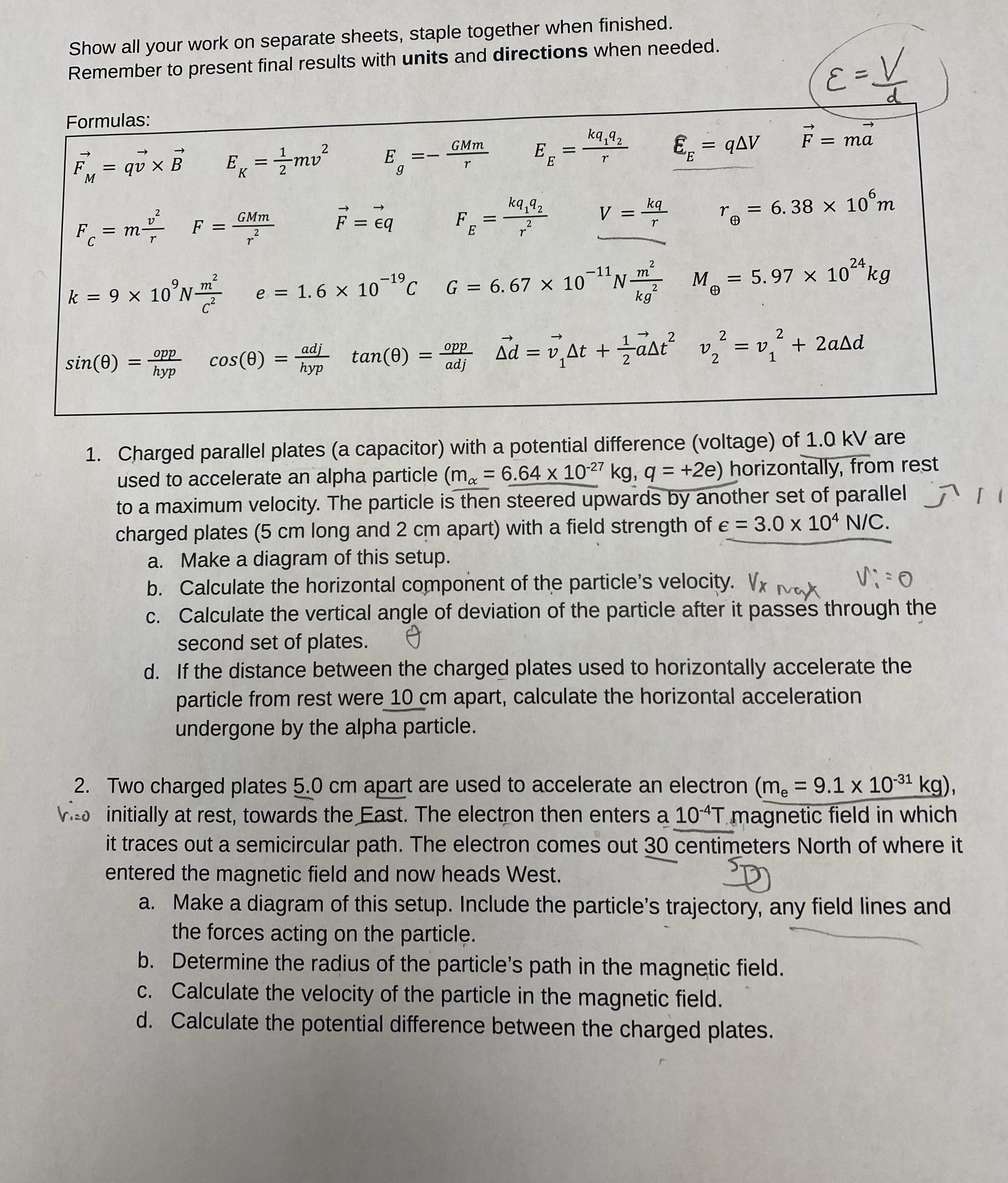 Grade 12 physics Fields Unit, answer question 1.bcd and 2bcd, it will