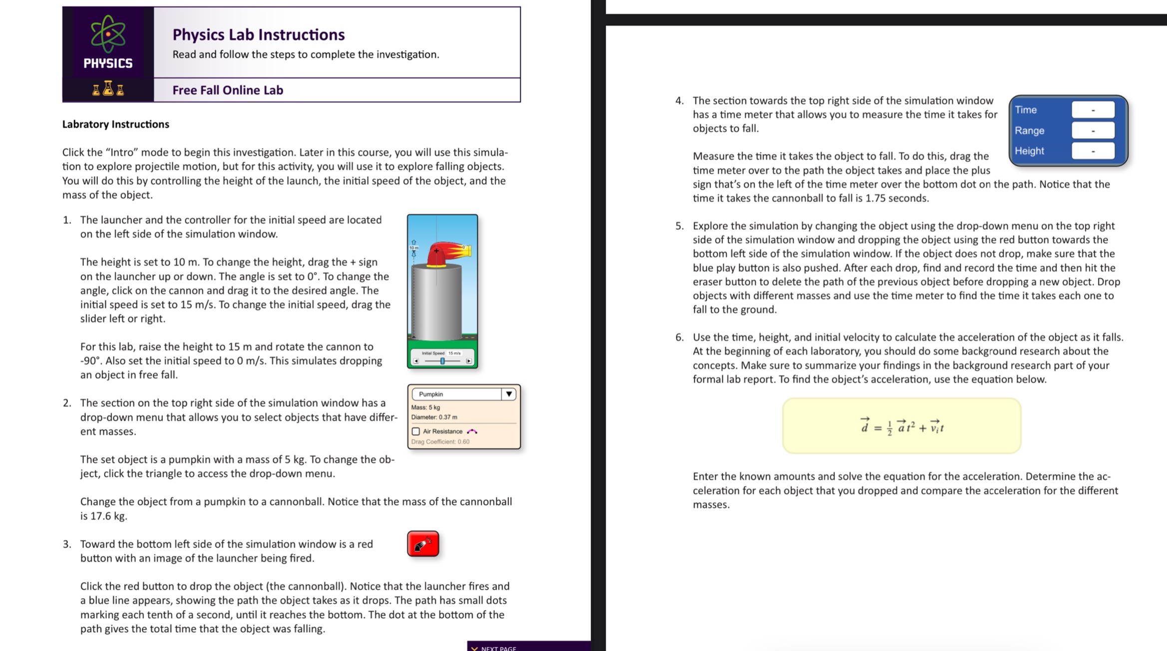 Physics Lab Instructions Read and follow the steps to complete the