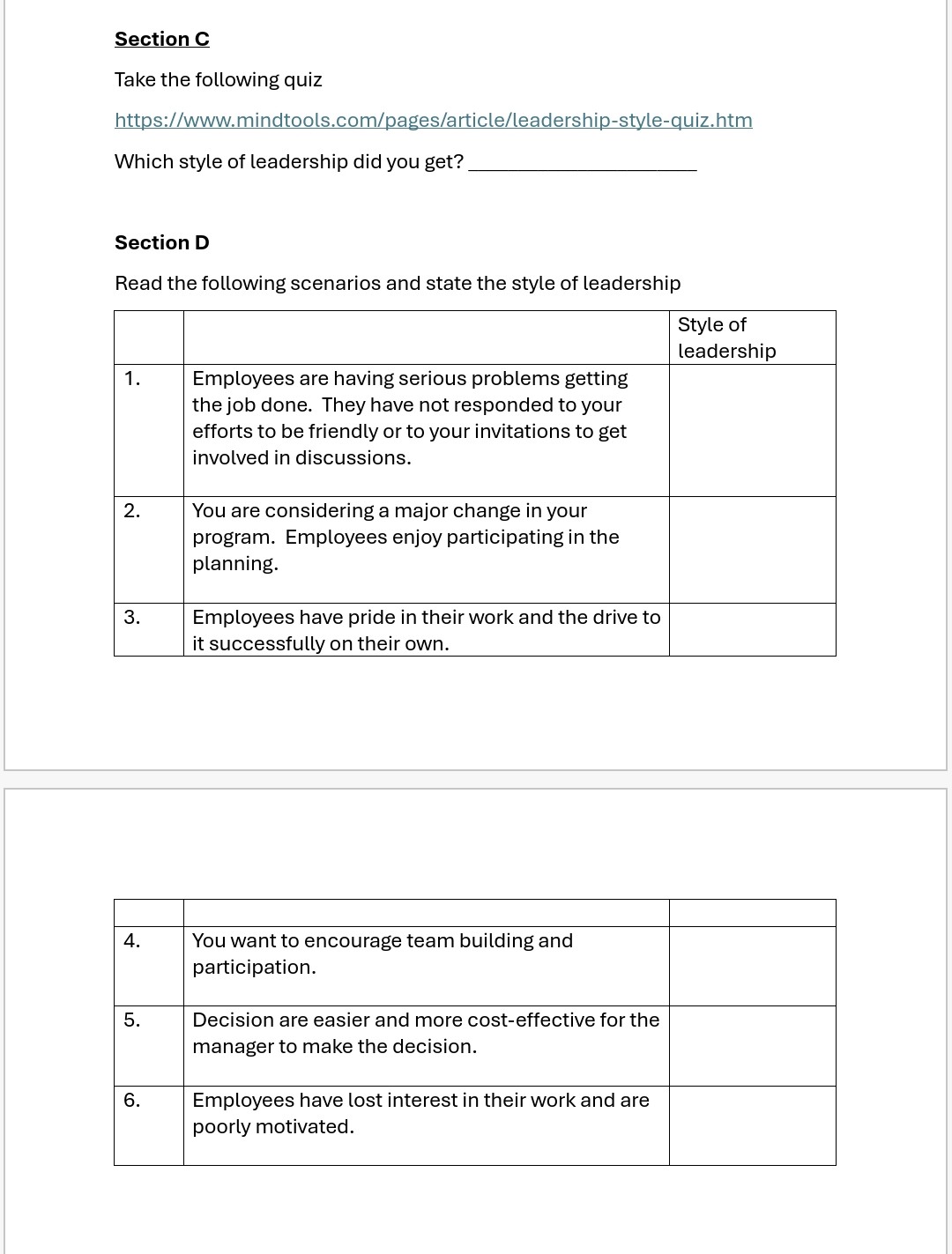 for each of the following types of Leadership and write it in