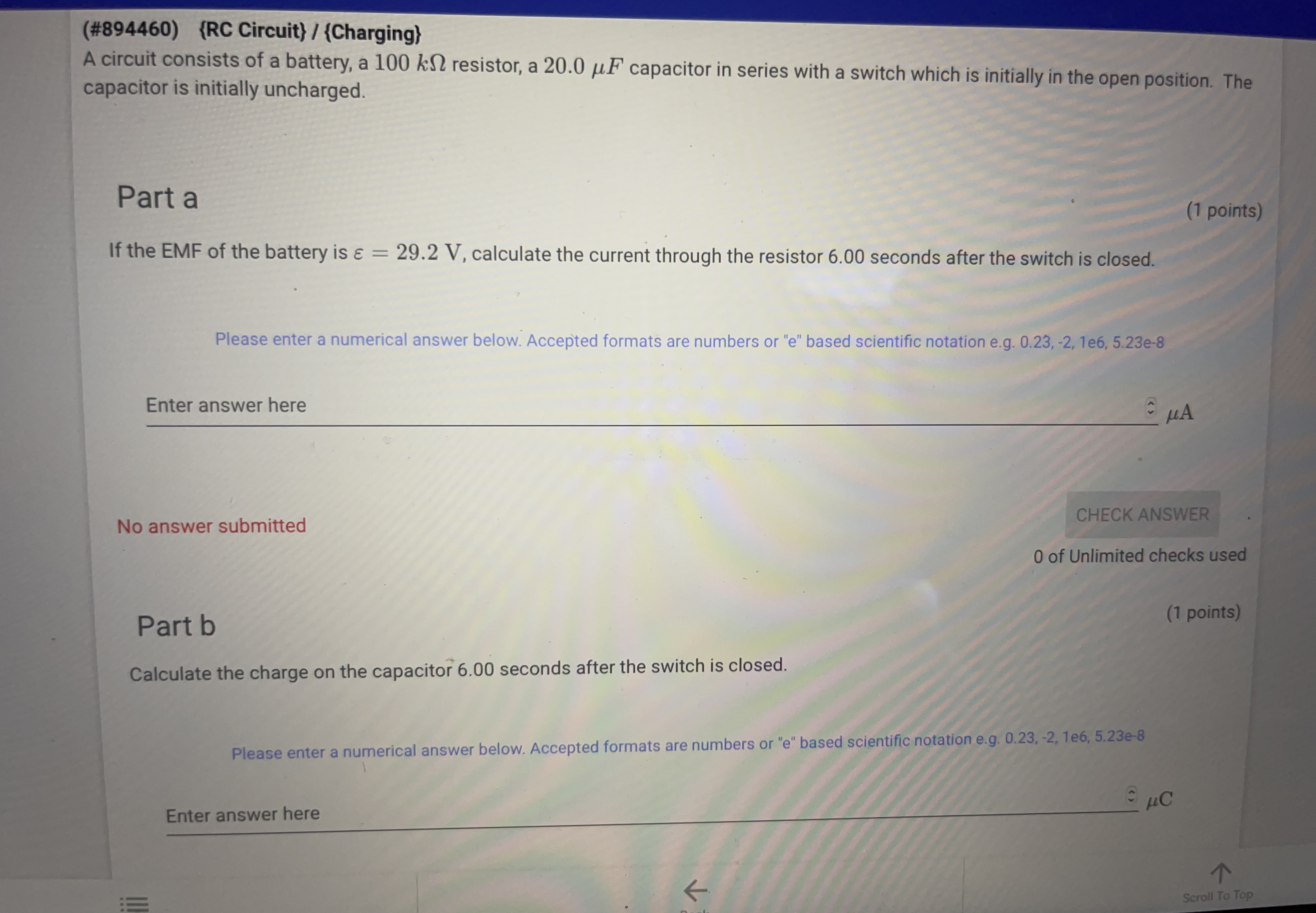 Please enter a numerical answer below. Accepted formats are numbers or "e"