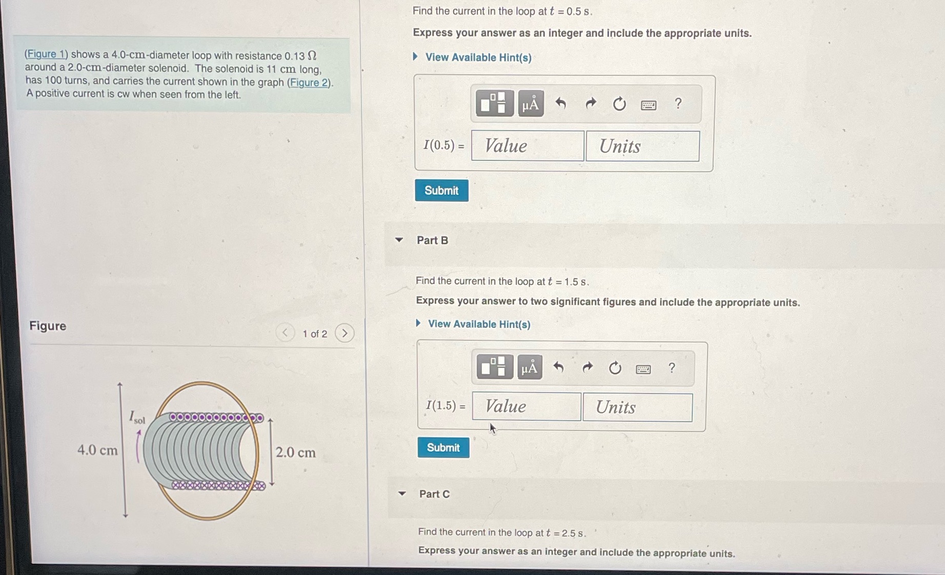Find the current in the loop at t = 0.5 s.