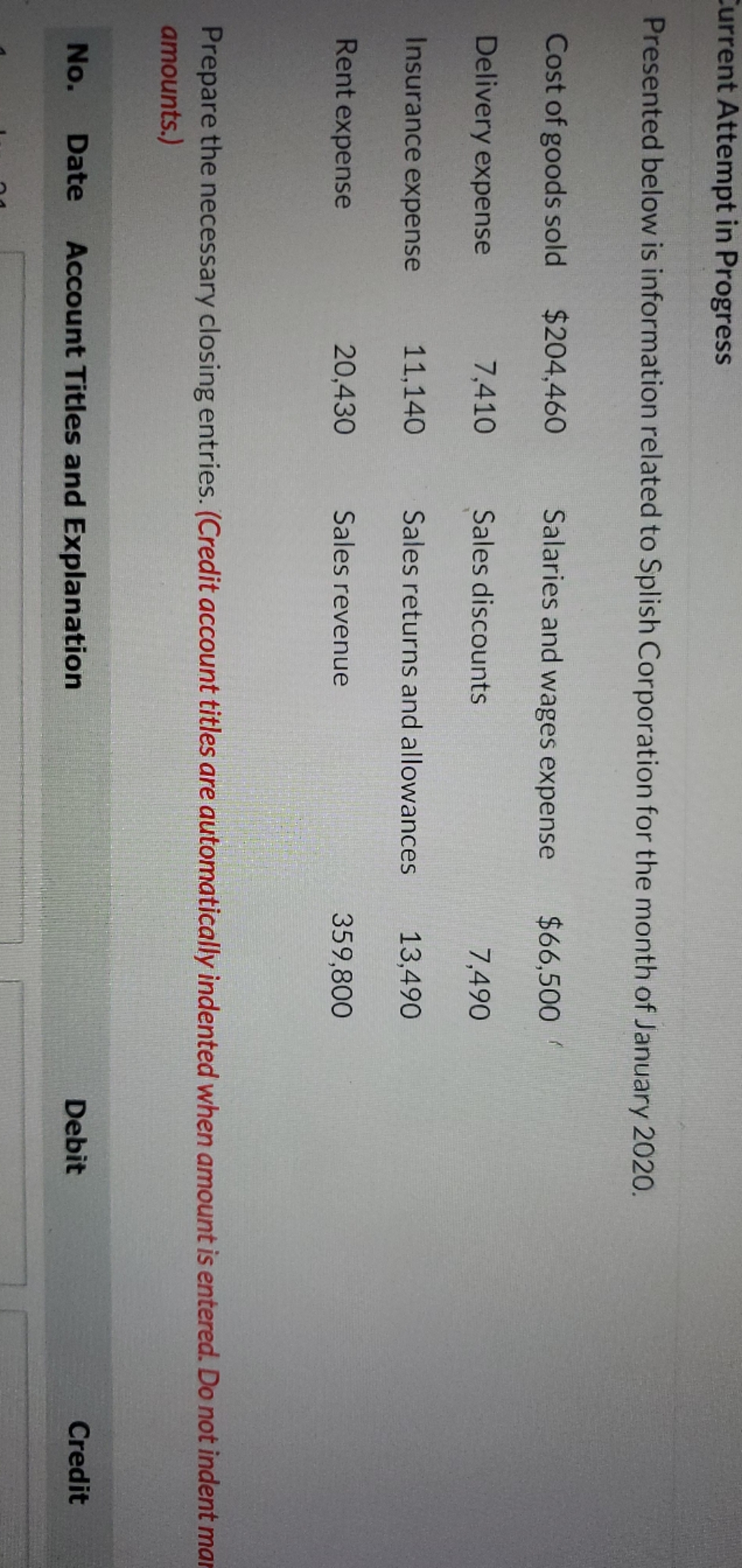 prepare closing entries urrent Attempt in Progress Presented below is information related