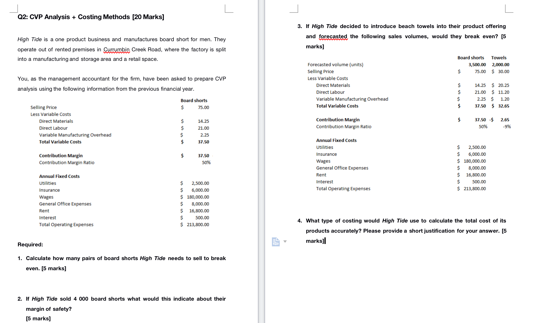  Q2: CVP Analysis + Costing Methods [20 Marks] 3. If High