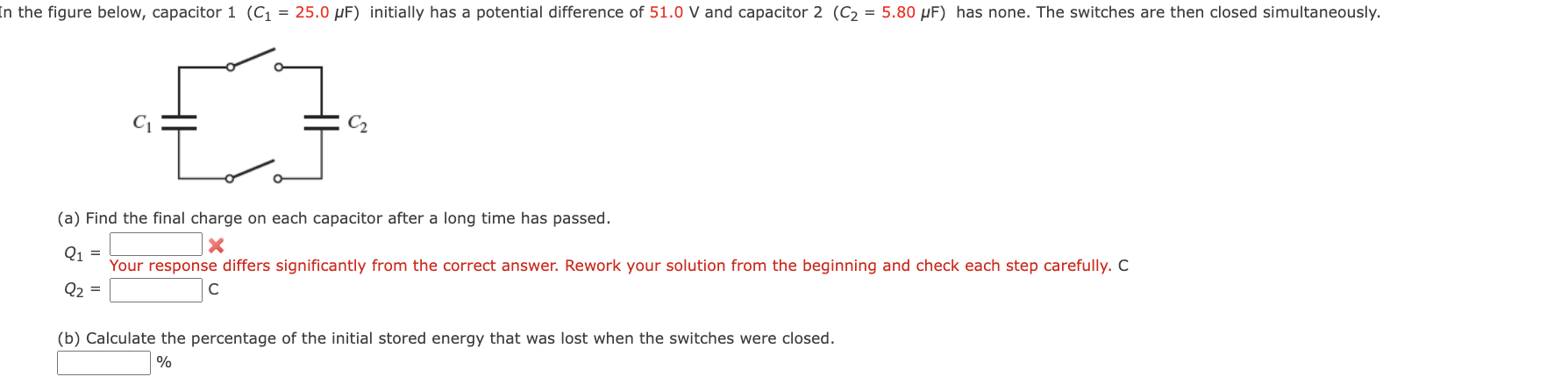 has a potential difference of 51.0 V and capacitor 2 (C2 =