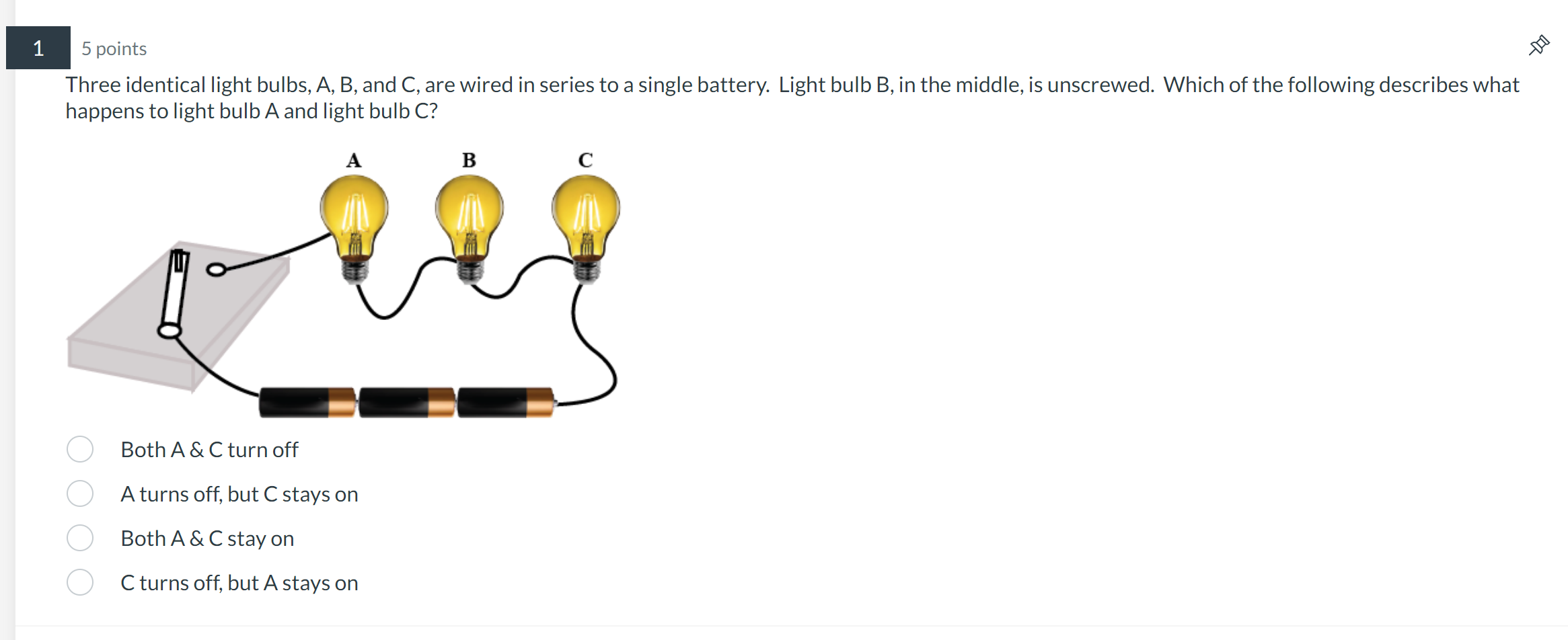 light bulbs, A, B, and C, are wired in series and connected