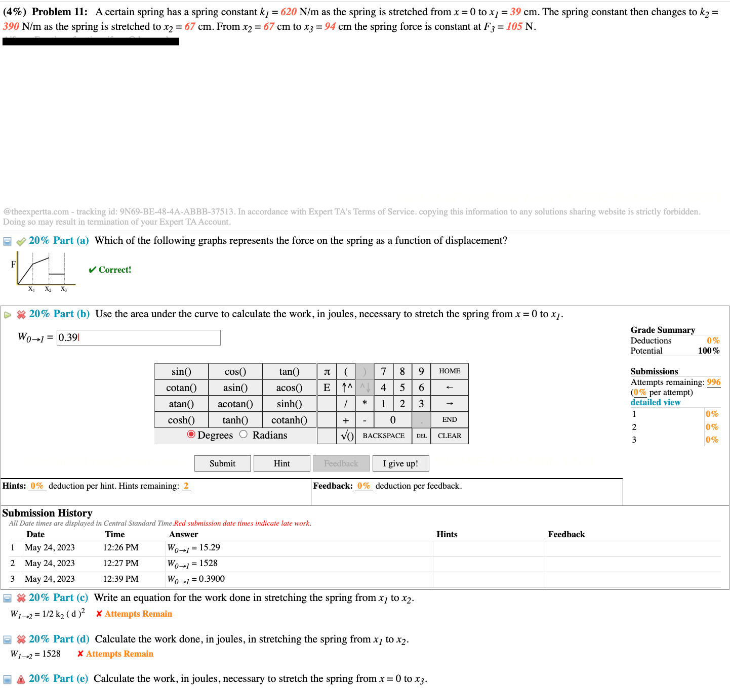 = 620 N/m as the spring is stretched from x = 0