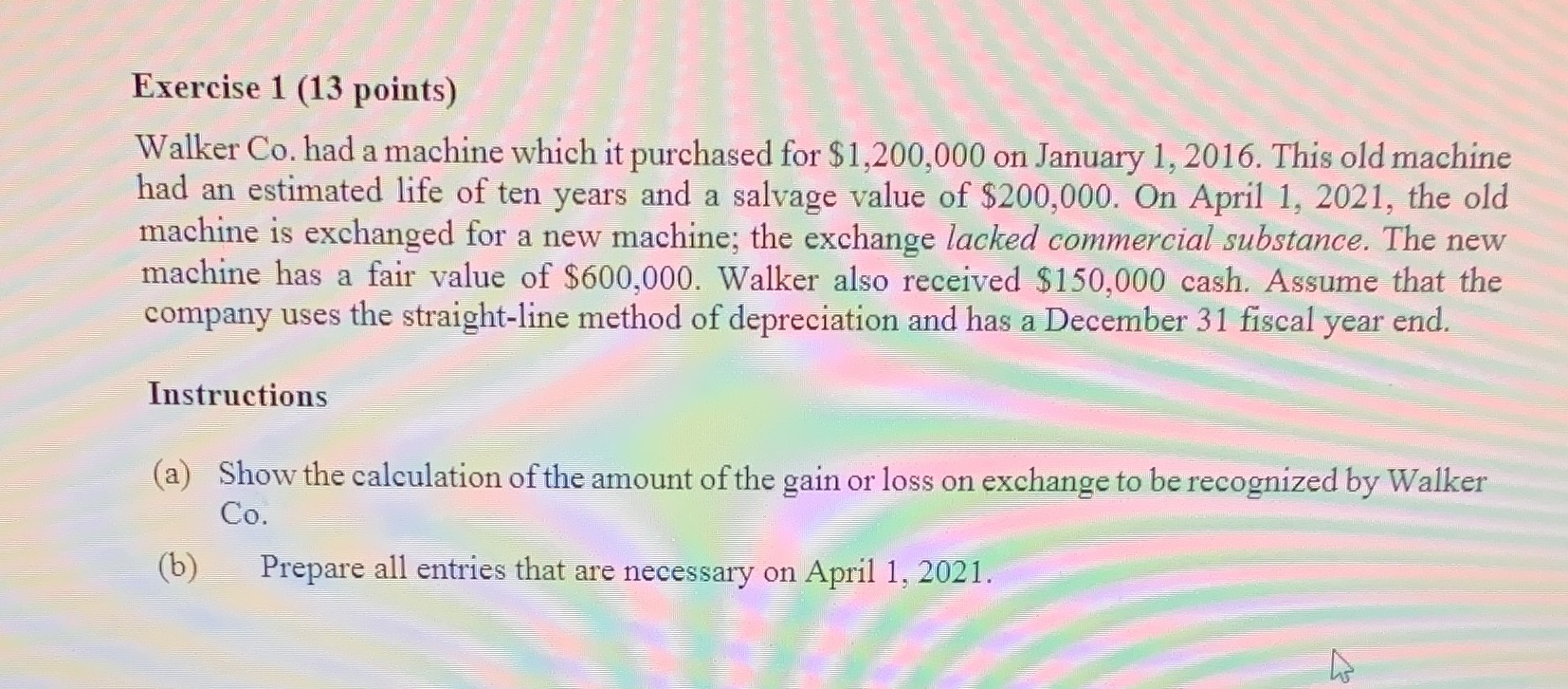 purchased for $1,200,000 on January 1, 2016. This old machine had an