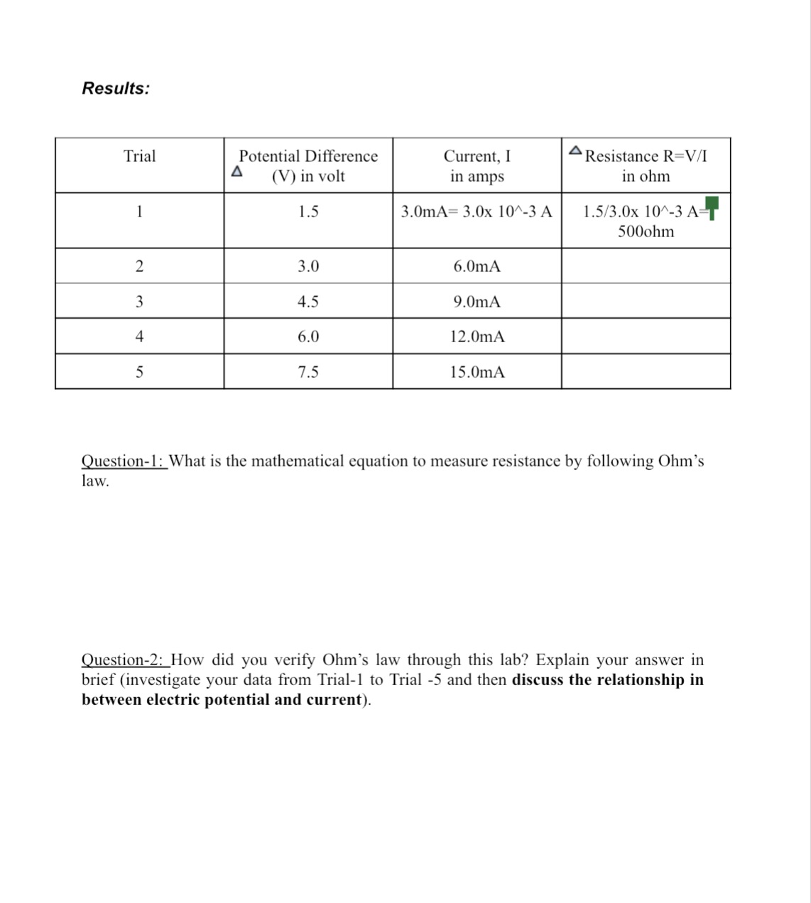 Need help with converting to amps and the resistance column and the