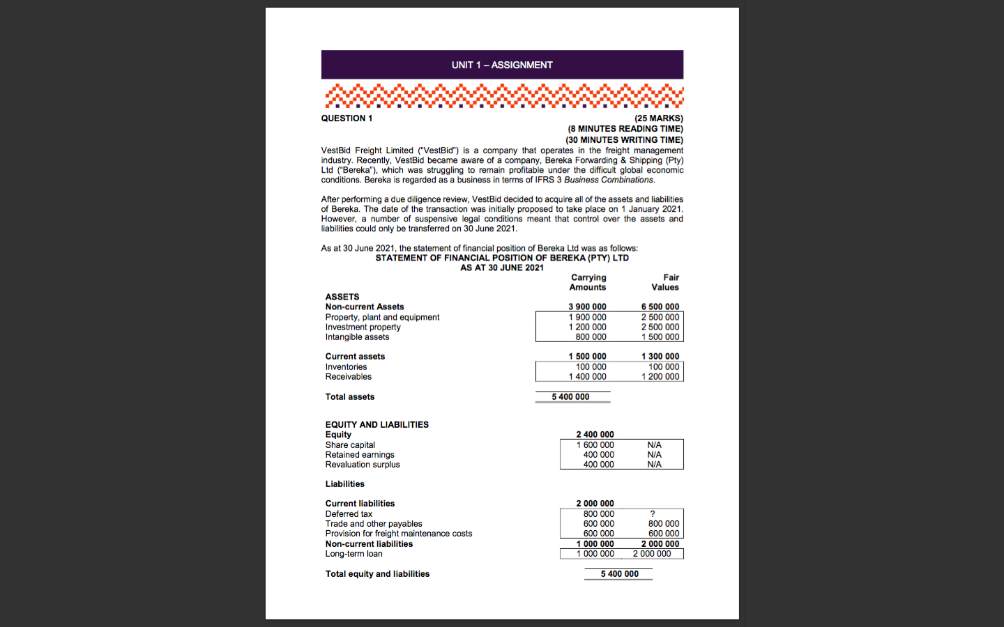 READING TIME) (30 MINUTES WRITING TIME) VestBid Freight Limited ("VestBid") is a