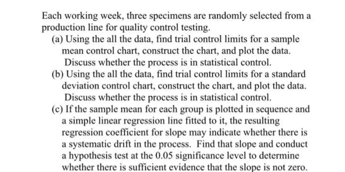  Each working week, three specimens are randomly selected from a production