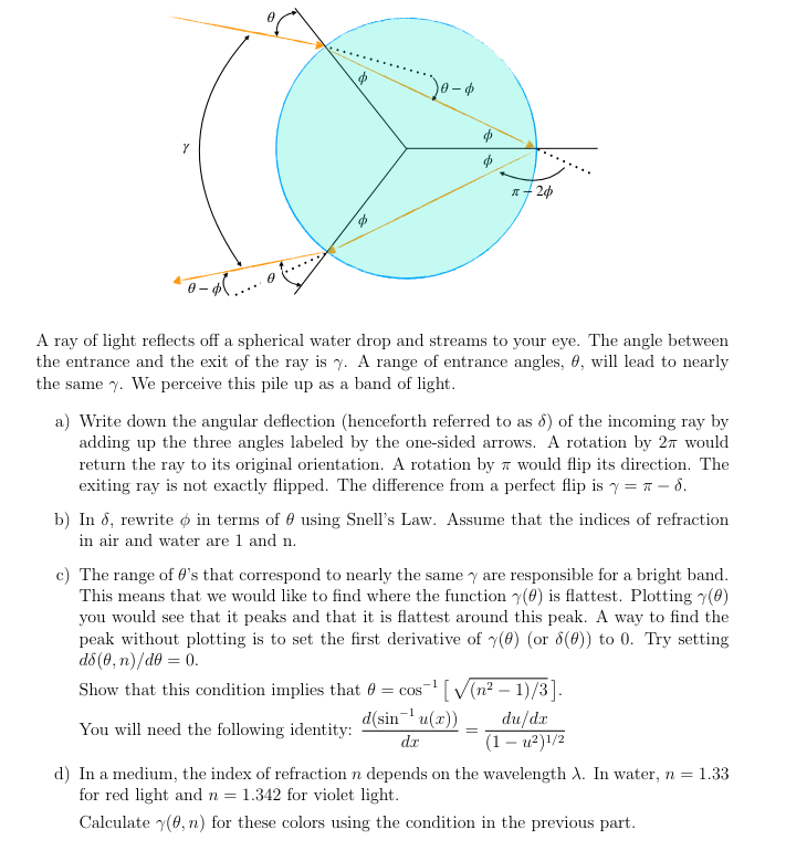 ....... A ray of light reflects off a spherical water drop and