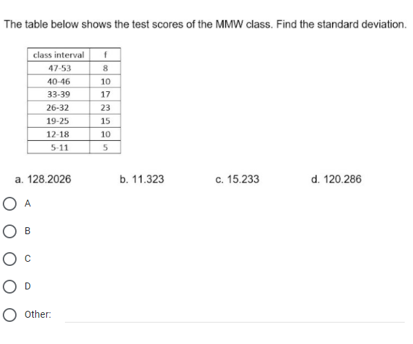 class interval a. 50.7 b. 21.239 C. 28.239 d. 25.429 47-53 8