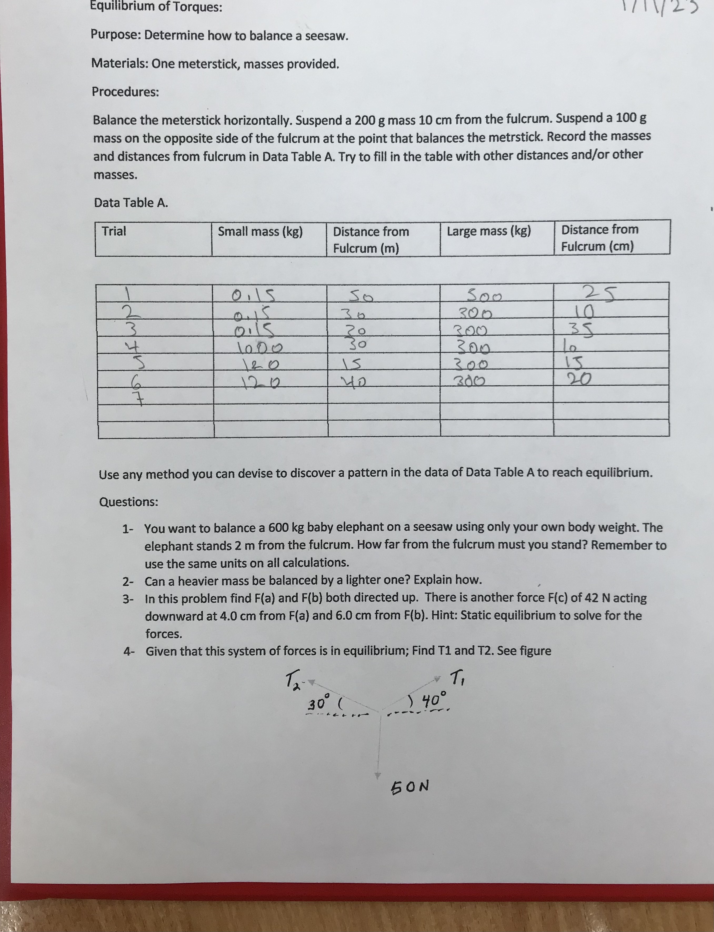 how to balance a seesaw. Materials: One meterstick, masses provided. Procedures: Balance
