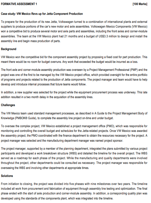  FORMATIVE ASSESSMENT 1 [100 Marks] Case study: VW Mexico Revs up