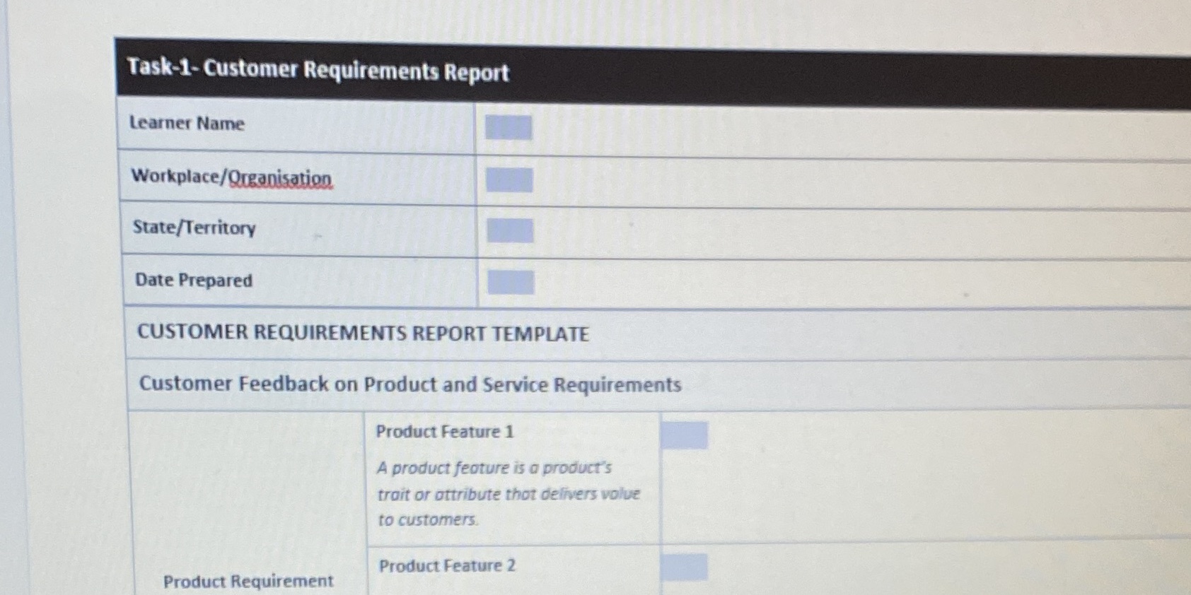 Task-1- Customer Requirements Report Learner Name Workplace/Organisation State/Territory Date Prepared CUSTOMER