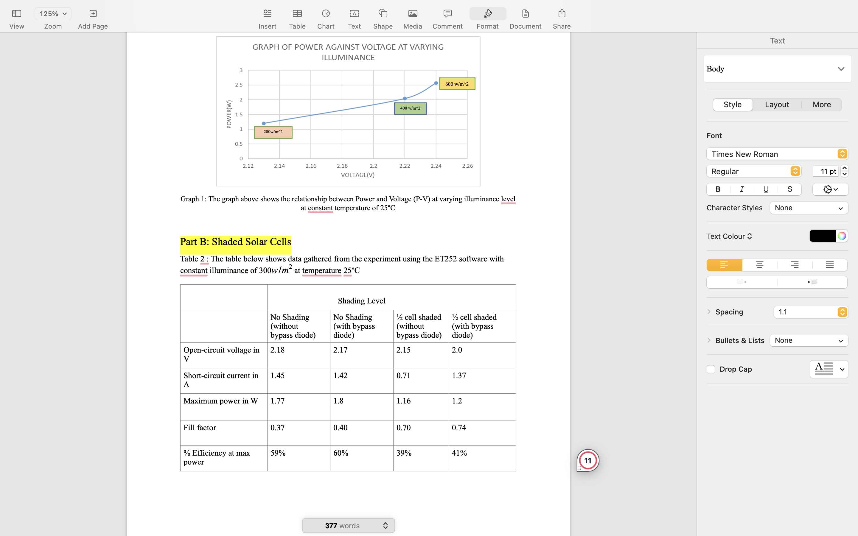 from the experiment using the ET252 software with varying illuminance at constant
