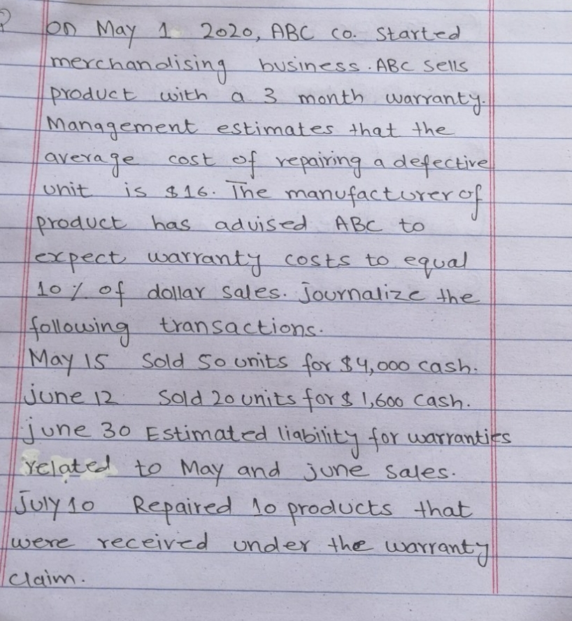 i dont know on May 1 2020, ABC co. Started merchandising business.