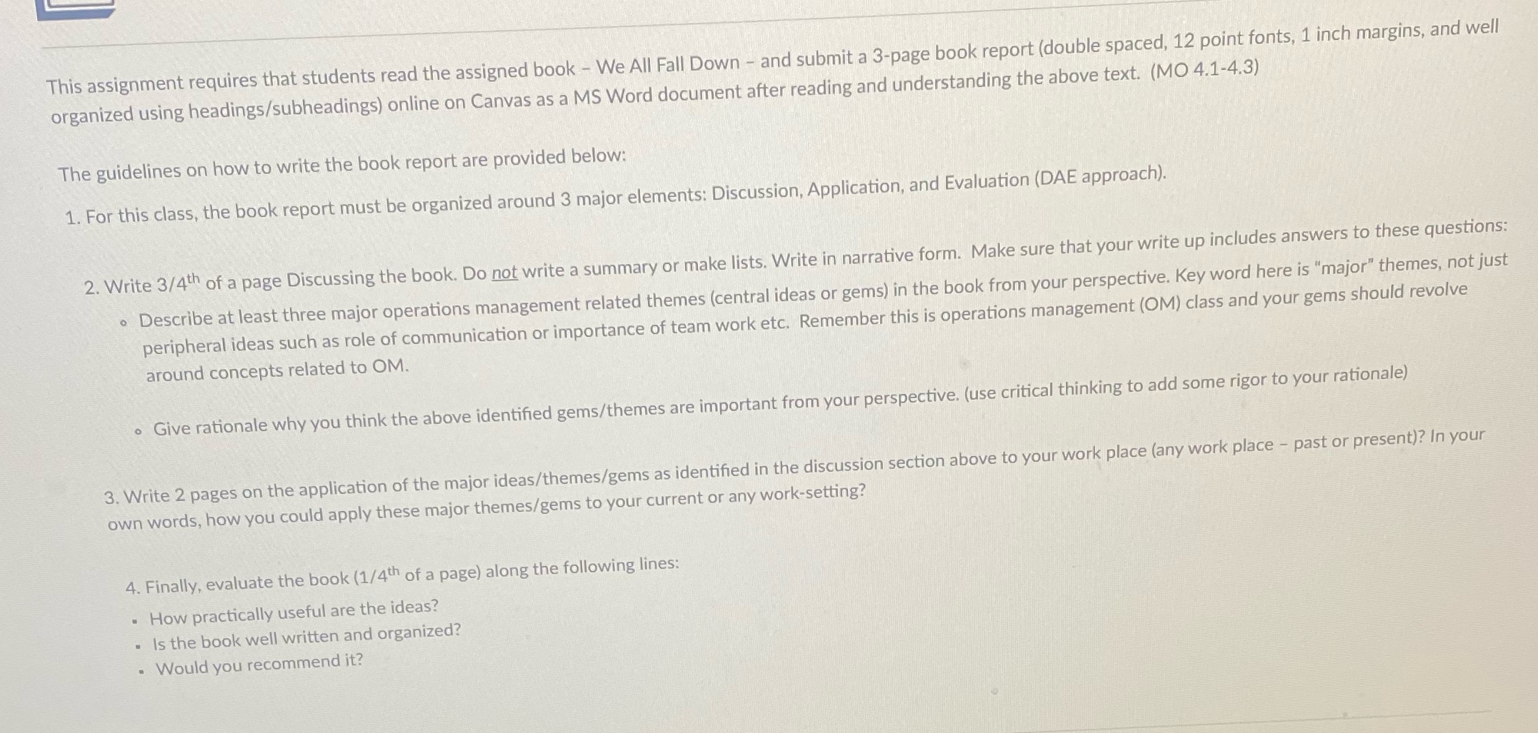 This assignment requires that students read the assigned book - We