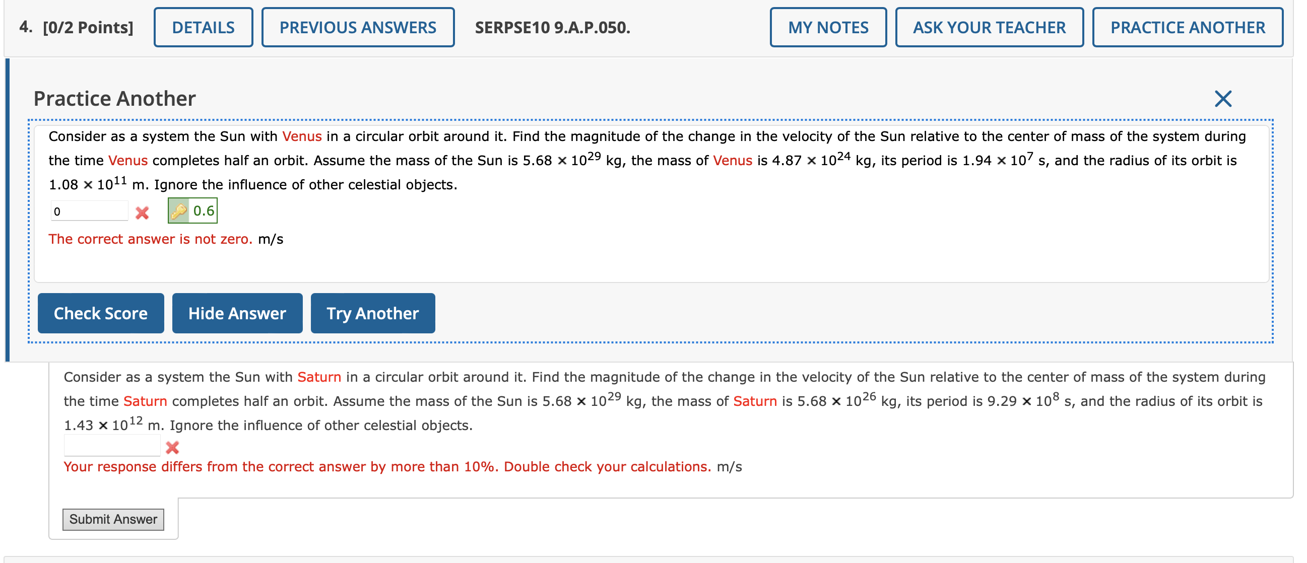  4. [0/2 Points] DETAILS PREVIOUS ANSWERS SERPSE10 9.A.P.050. MY NOTES ASK