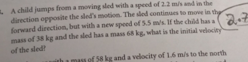 A child jumps from a moving sled with a speed of 2.2