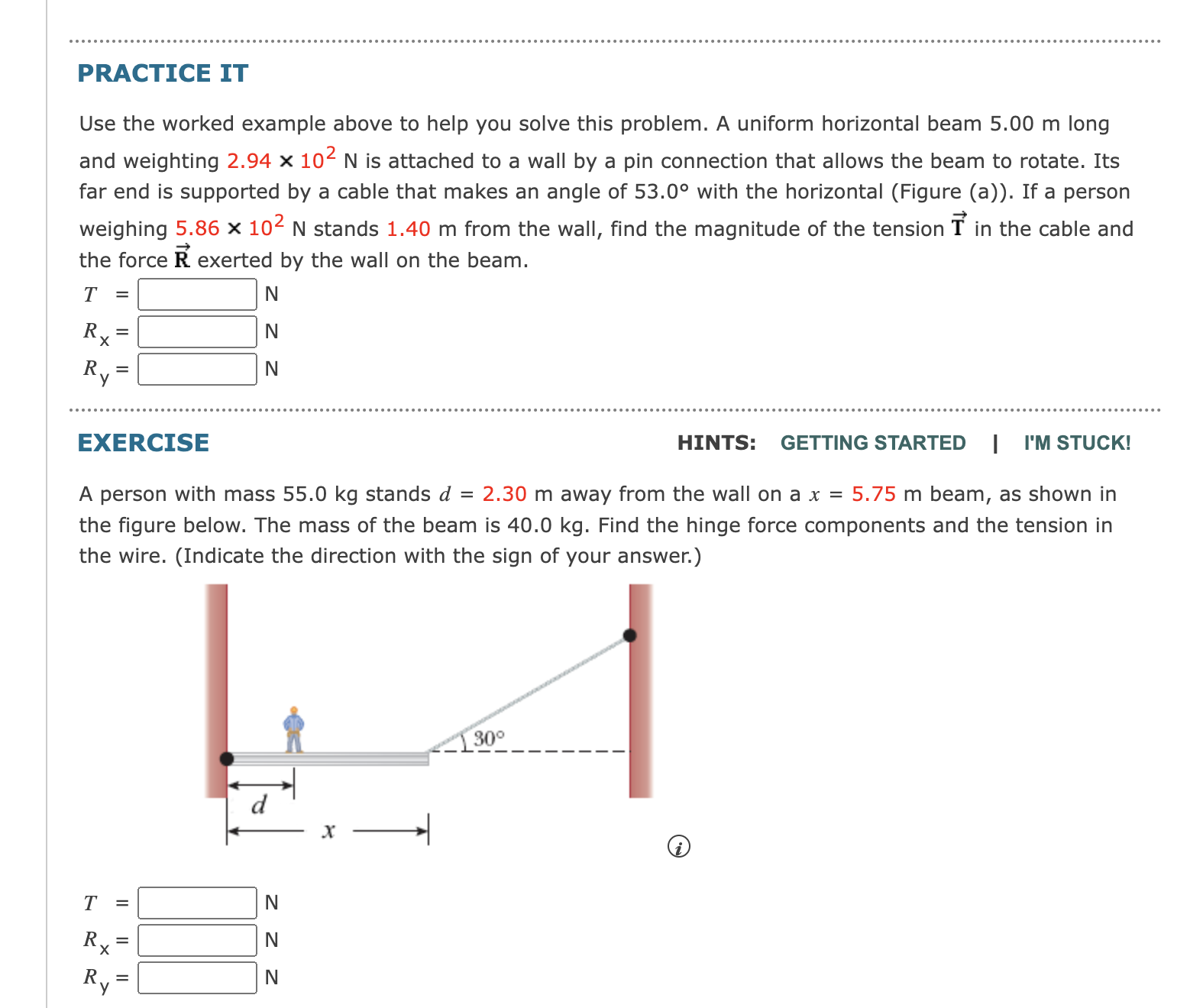 by a cable. (b) A force diagram for the beam. (c) The