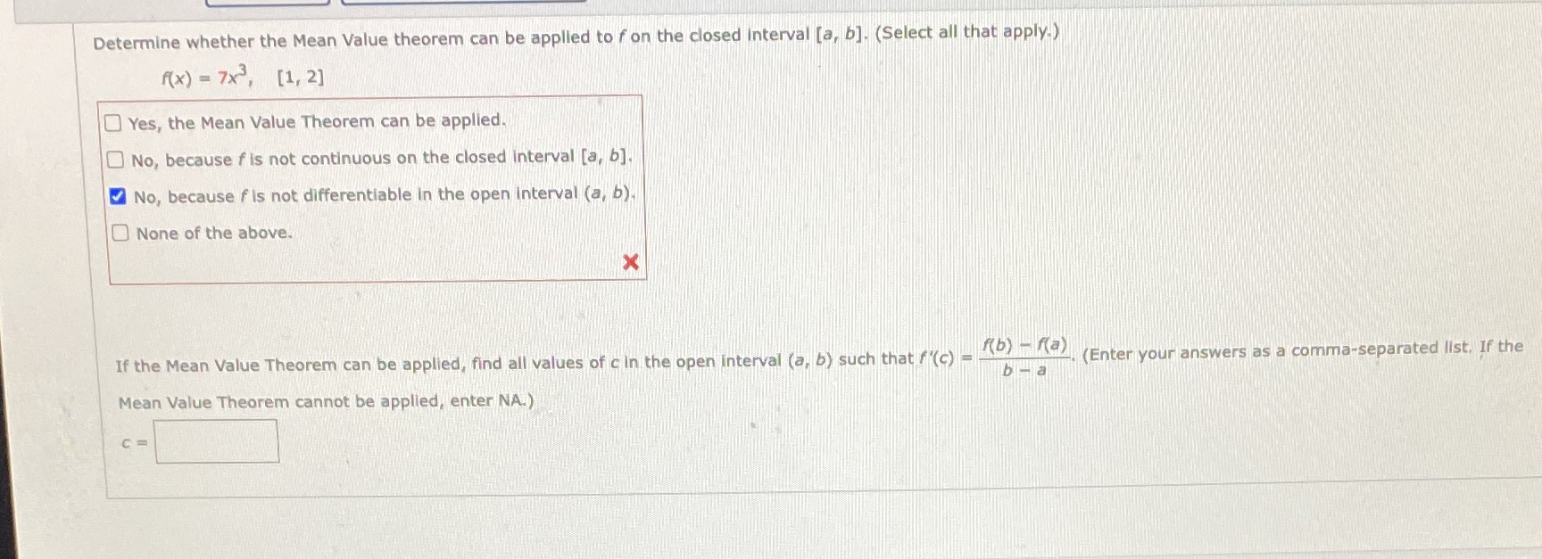 Determine whether the Mean Value theorem can be applied to f
