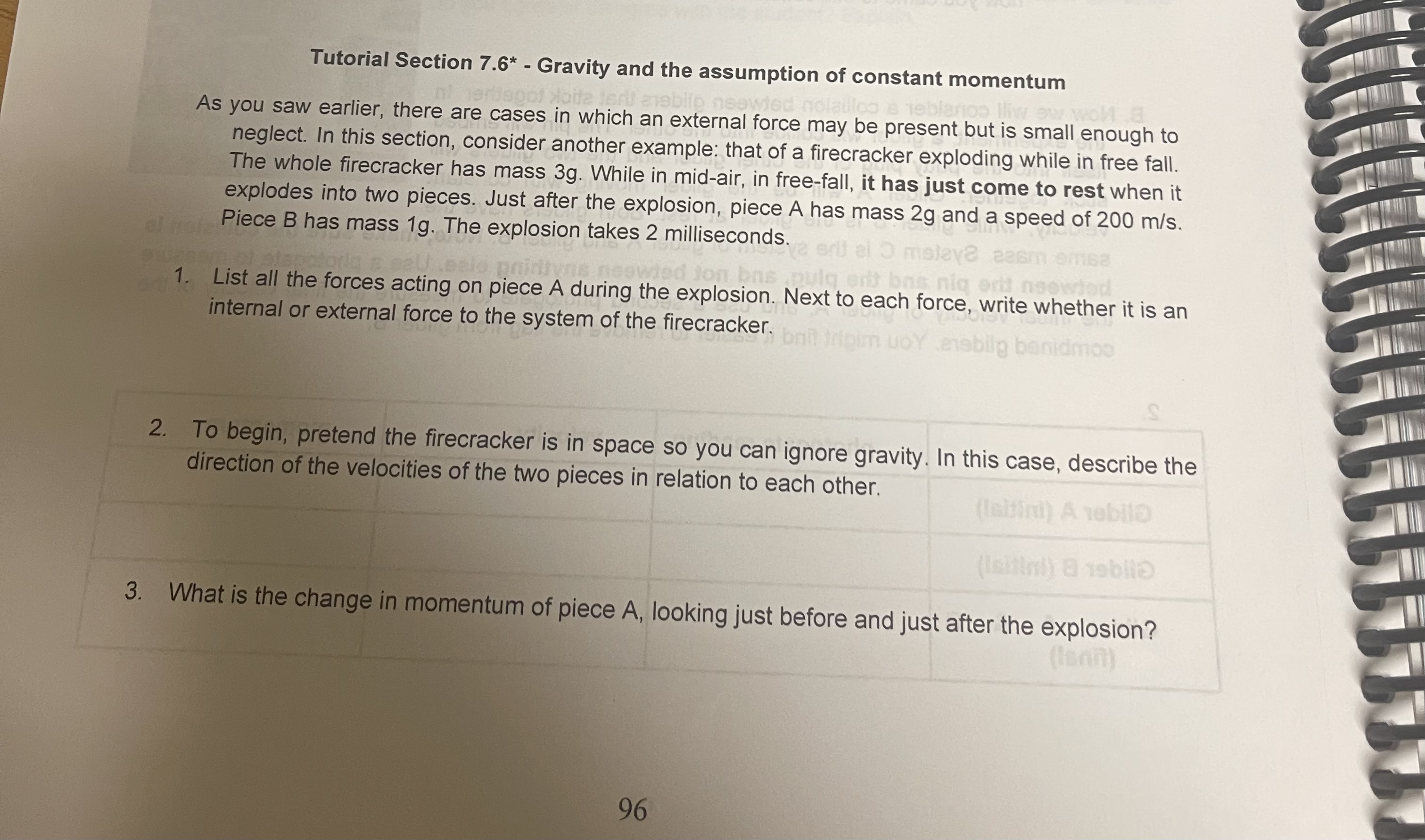  Tutorial Section 7.6* - Gravity and the assumption of constant momentum