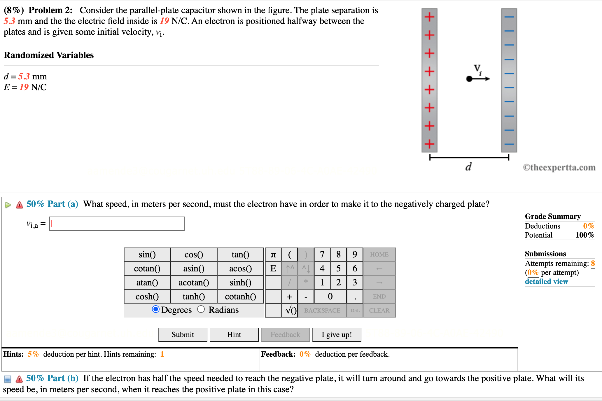  (8%) Problem 2: Consider the parallel-plate capacitor shown in the gure.