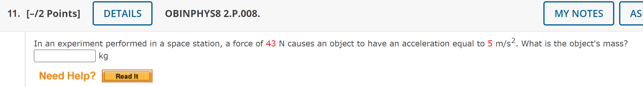  11. [-/2 Points] DETAILS OBINPHYS8 2.P.008. MY NOTES AS In an